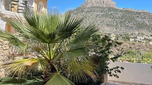 Un edificio con una scala a chiocciola, una montagna sullo sfondo e una palma in primo piano.