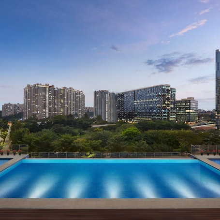 Una piscina al aire libre, sillones reclinables de piscina