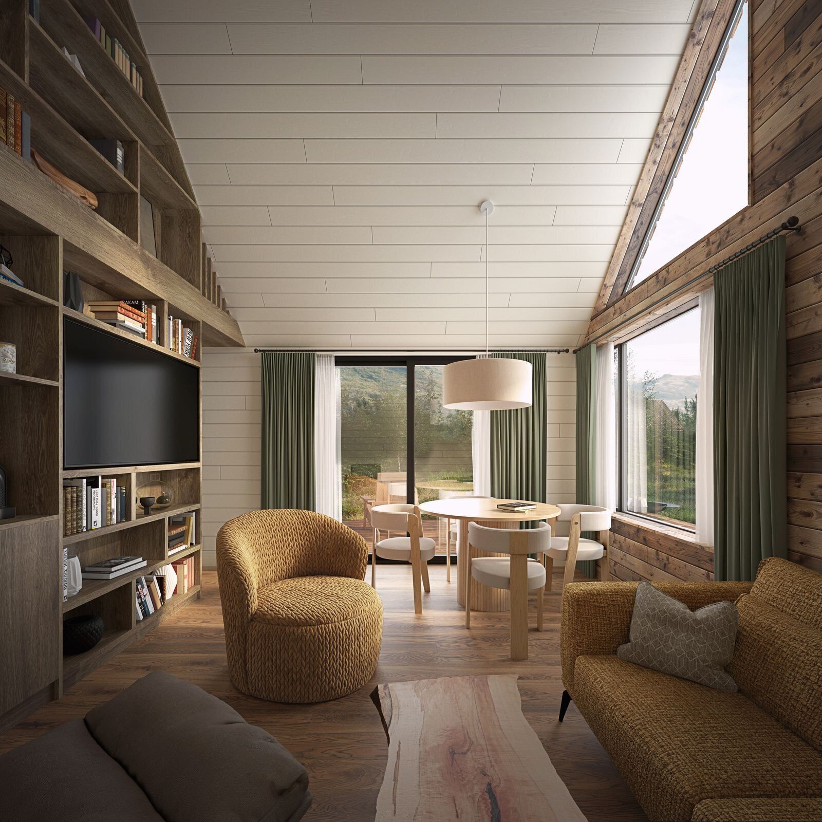 A modern living room with a large bookshelf, a round dining table, and a comfortable seating area.