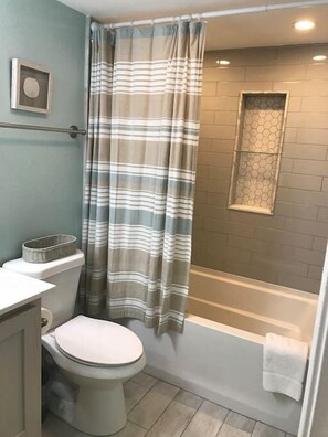 Hair dryer, towels, shampoo