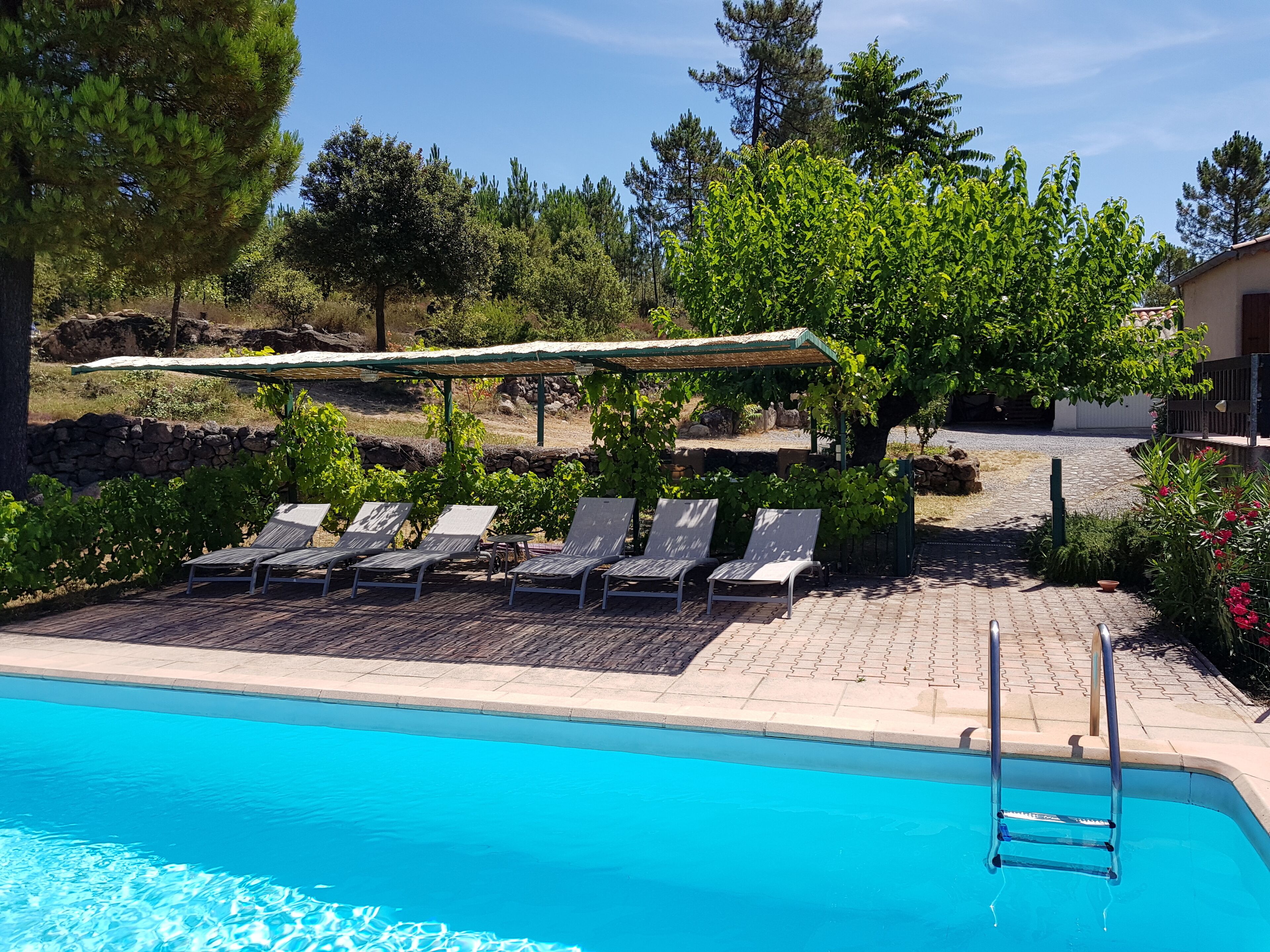 Un área de piscina con sillones, una pérgola y un muro de piedra.