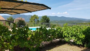 A vineyard with a swimming pool and mountains in the background. - Le Vignal 1, quiet cottage in the south of the Ardèche (Chambonas)