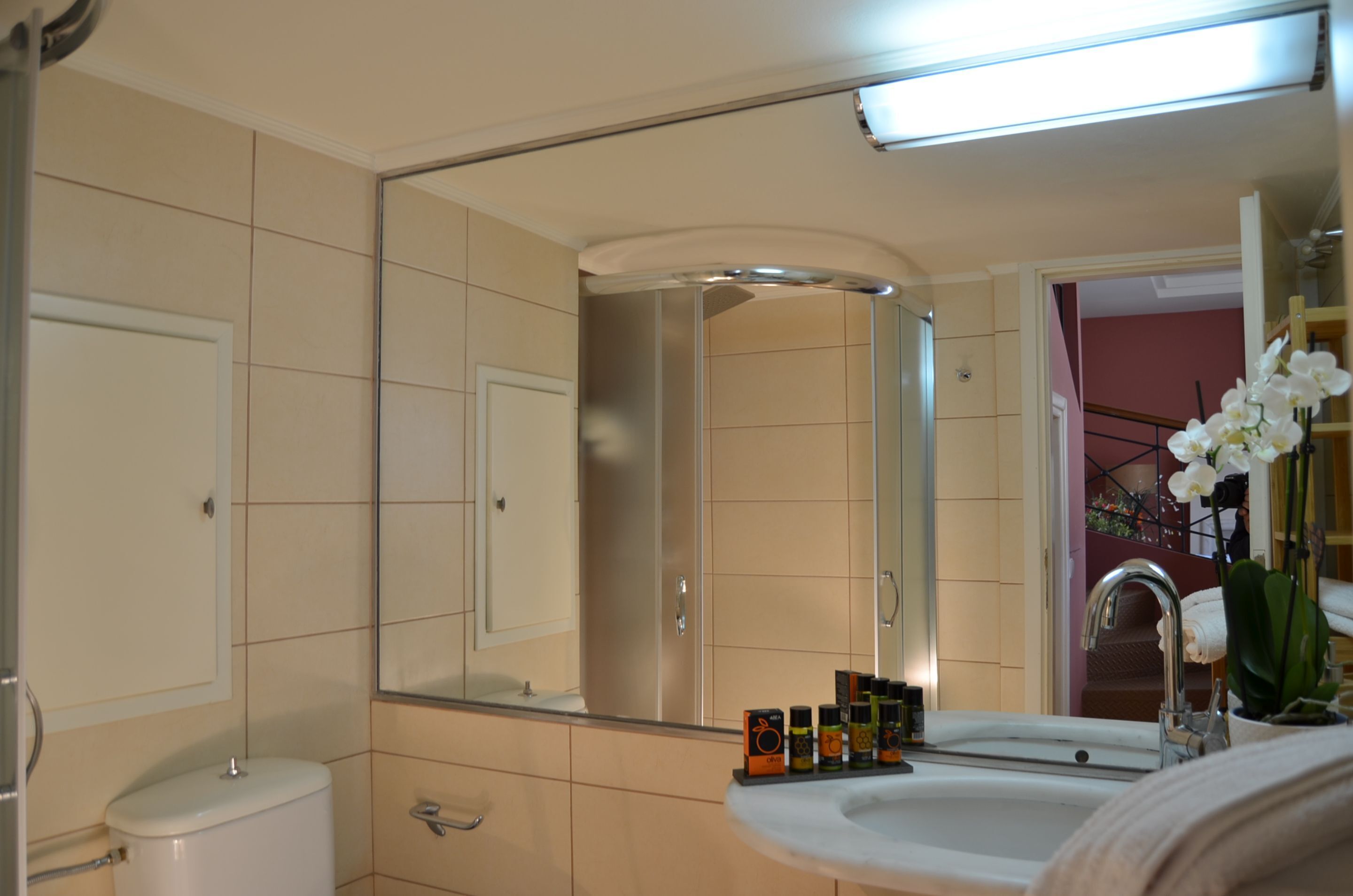 A bathroom with a toilet, sink, mirror, and a shelf with toiletries.