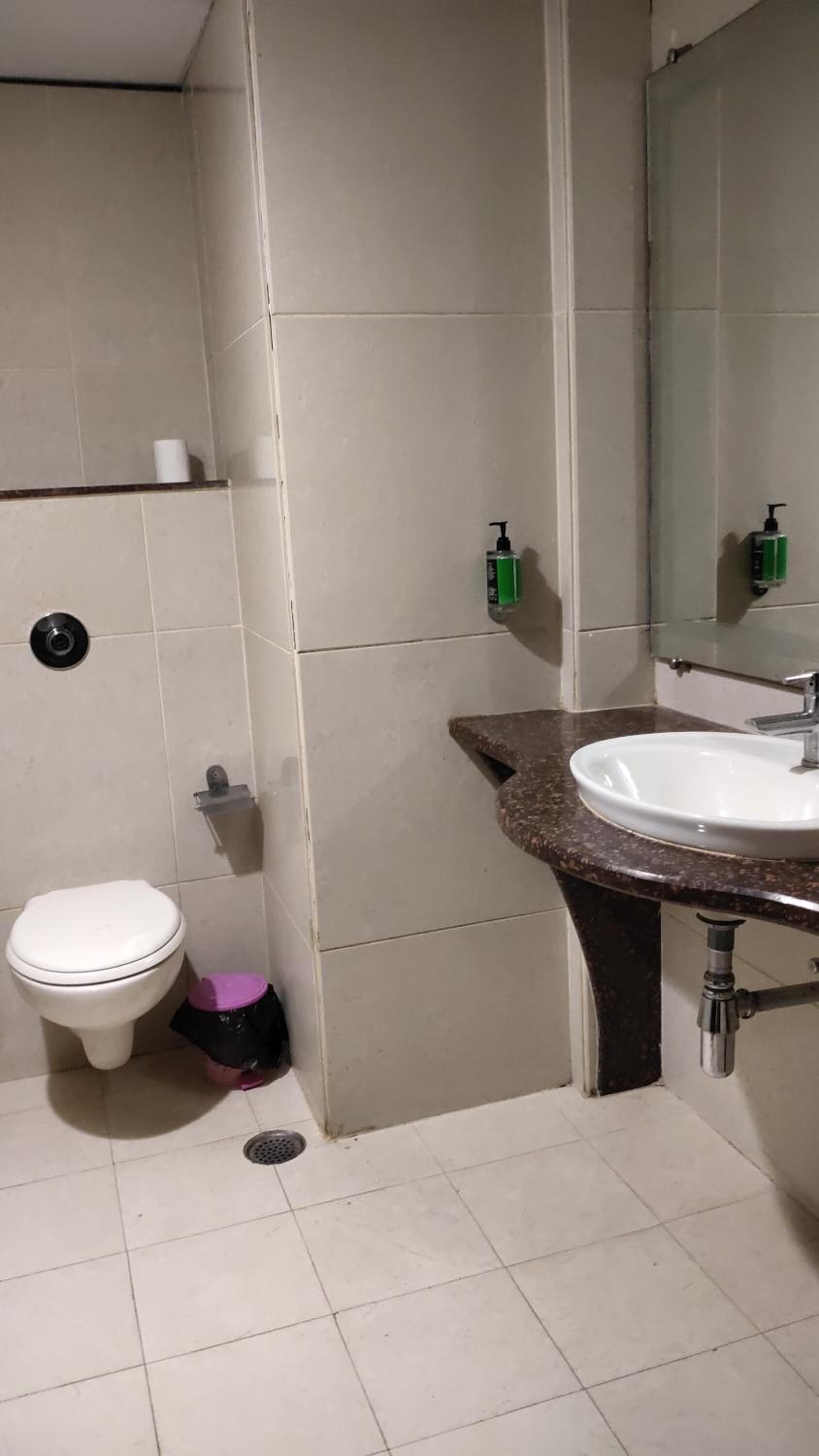 Une salle de bain avec des toilettes blanches, un lavabo avec un miroir au-dessus, et deux flacons de gel hydroalcoolique vert accrochés au mur.