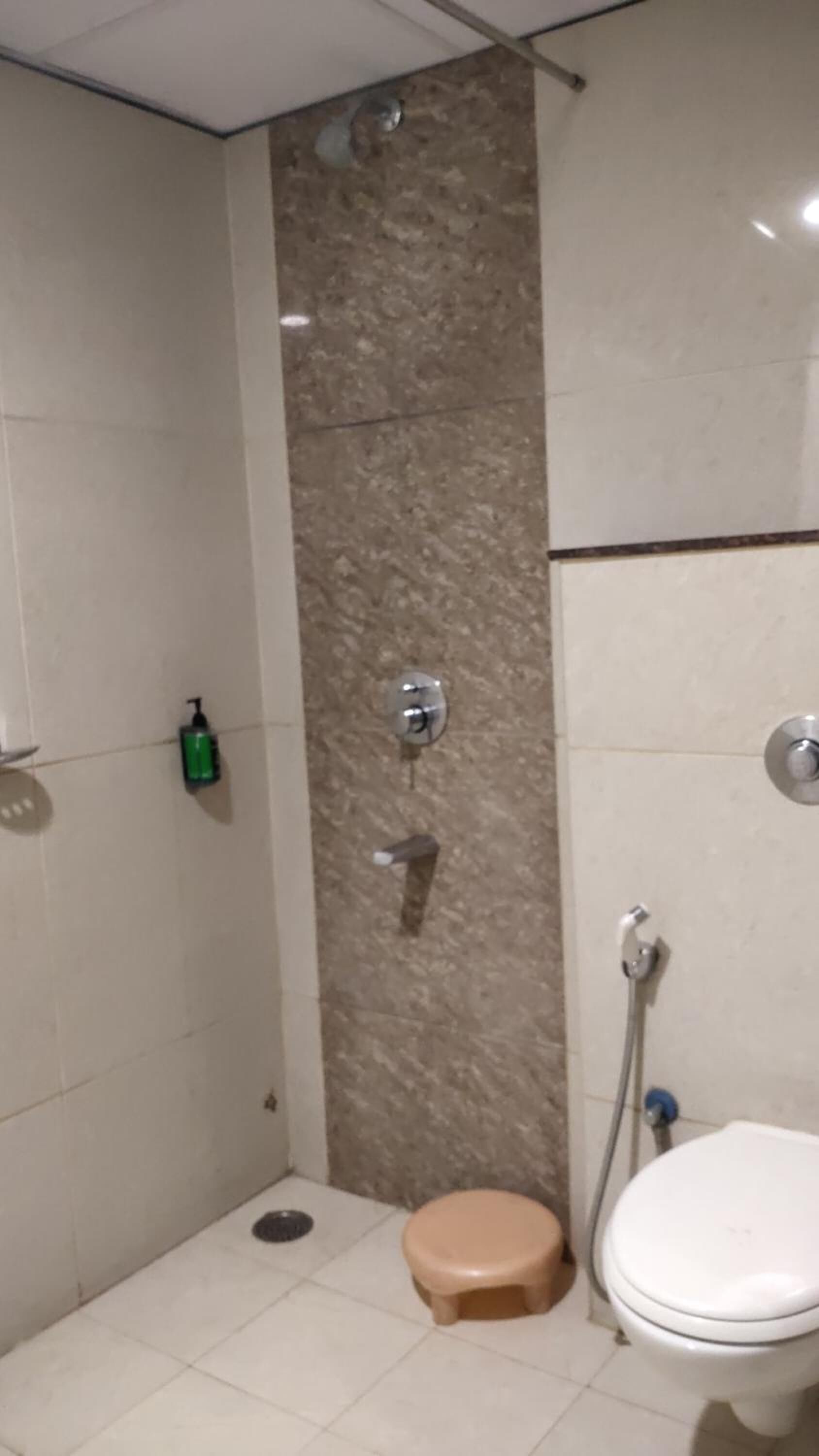 Casa de banho com chuveiro, sanita e um banquinho pequeno.