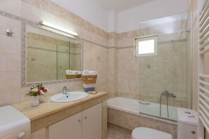 Combined shower/bathtub, eco-friendly toiletries, hair dryer, towels