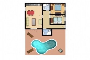 Een plattegrond van een hotel met een zwembad, een eetgedeelte, een slaapkamer en een badkamer.