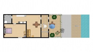 Un plan d’étage d’une chambre d’hôtel comprenant un coin salon avec vue sur le soleil, une salle de bain privée, un espace repas et une vue sur la plage.