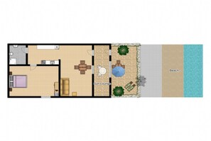 Un plan d’étage d’une chambre d’hôtel comprenant un coin salon avec vue sur le soleil, une salle de bain privée, un espace repas et une vue sur la plage.