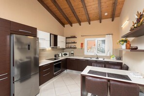 Une cuisine moderne équipée d’un réfrigérateur, d’un four, d’un four à micro-ondes et d’un évier encastrés. Une fenêtre offre une vue sur un paysage enneigé, et le plafond est orné de poutres apparentes.