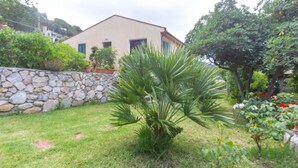 A house with a stone wall and a garden with a palm tree. - Small Villa on the sea with garden for the perfect holiday (Portoferraio)