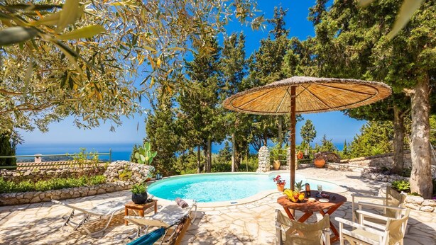 Un espace aménagé au bord de la piscine, avec une terrasse en pierre, un hamac, une table garnie de fruits et une chaise en bois.