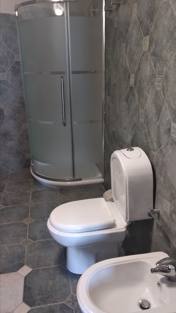 A bathroom with a toilet, a sink, and a glass-enclosed shower.