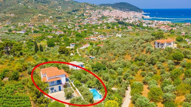 Vue aérienne d’une ville côtière, avec une propriété mise en valeur, dotée d’une piscine et entourée d’oliviers, le tout surplombé par une colline.