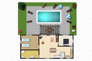 A 2-story house with a swimming pool, a BBQ area, and a dining area.