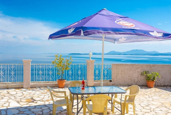 Une terrasse avec une table et des chaises, un pot de fleurs et un grand parasol.