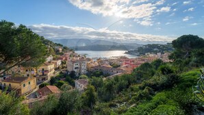 A coastal town with buildings and greenery. - Studio 4 with sea view pool in a panoramic position above the village of Porto Azzurro (Porto Azzurro)