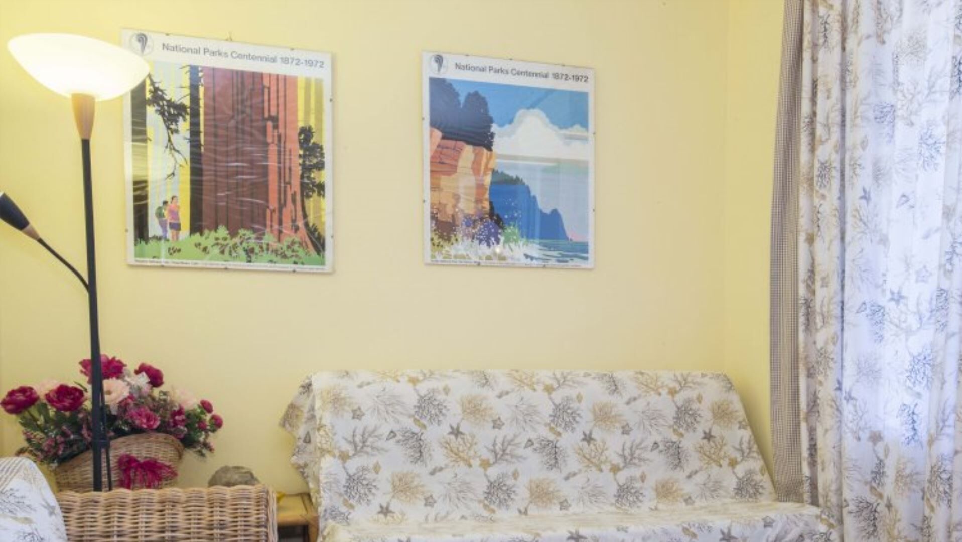 A room with a patterned sofa, a lamp, and two National Parks Centennial posters.