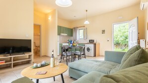 Una sala de estar con televisor, sofá y una mesa de centro. Hay una zona de cocina con lavadora y una mesa de comedor.