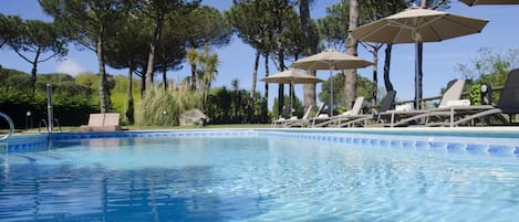 Seasonal outdoor pool, pool umbrellas, pool loungers