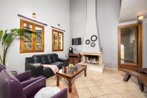 A living room with a fireplace, leather sofa, and a large plant.