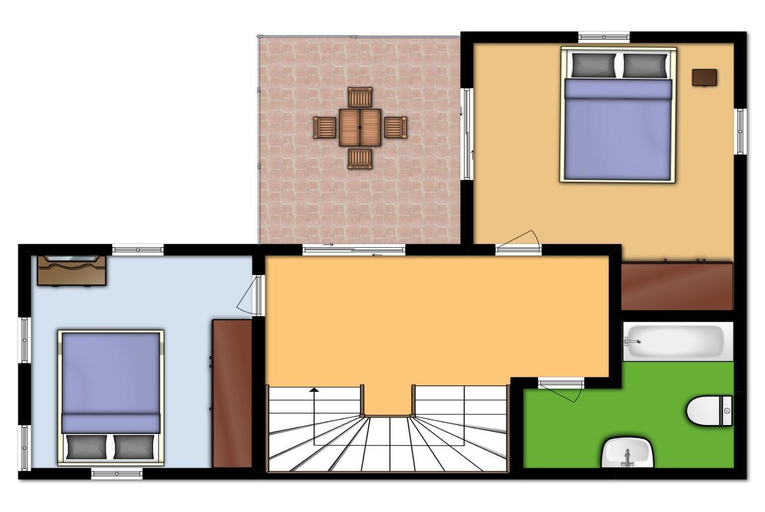 A floor plan of a hotel room with a bed, a bathroom, a dining area, and a living room.