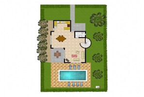 Een plattegrond van een huis met een overdekte patio, een zwembad en een overdekte buitenkeuken.