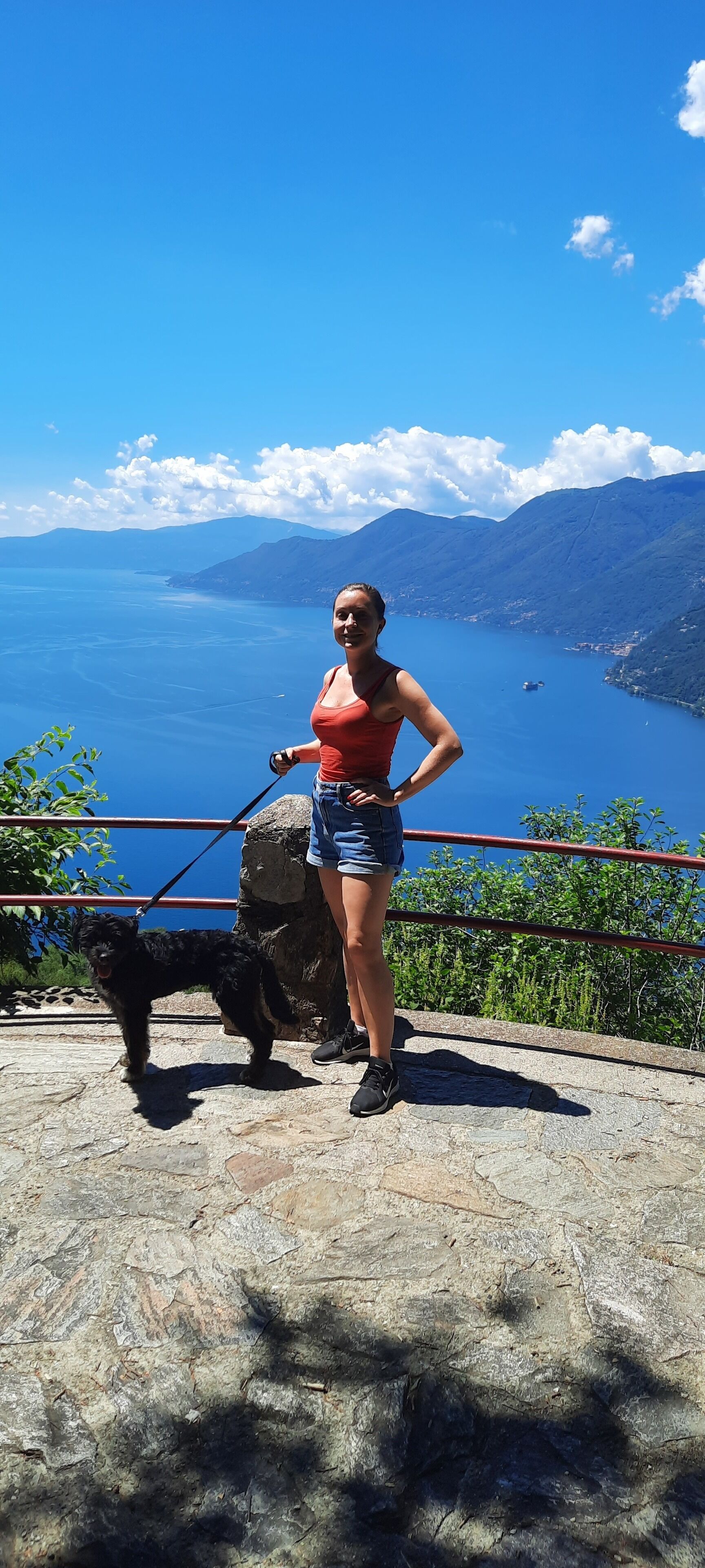A person standing on a stone platform with a dog, overlooking a body of water and mountains.