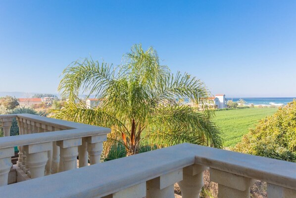 A balcony with a view of a coastal landscape, including a palm tree and a grassy field.