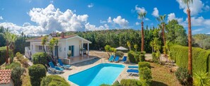 A villa with a swimming pool, surrounded by palm trees and a hilly landscape.