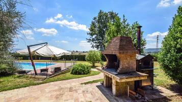 A backyard with a brick barbecue, a swimming pool, and a covered patio area.