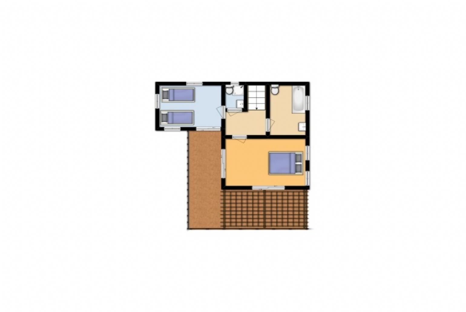 A floor plan of a hotel room with two bedrooms, a bathroom, and a living area.