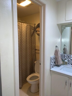 Hair dryer, towels, soap, toilet paper