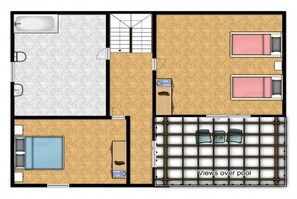 A hotel layout with a bathroom, two bedrooms, a kitchen, a living area, and a pool area.