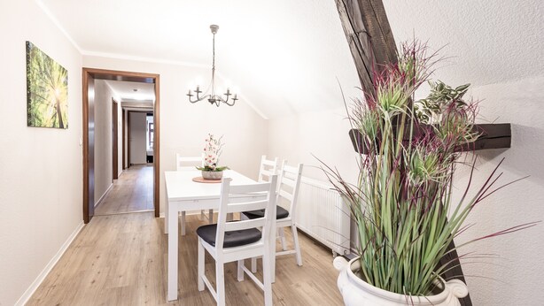 A dining area with a white table and chairs, a chandelier, and a potted plant. - A beautiful home (Gernrode)