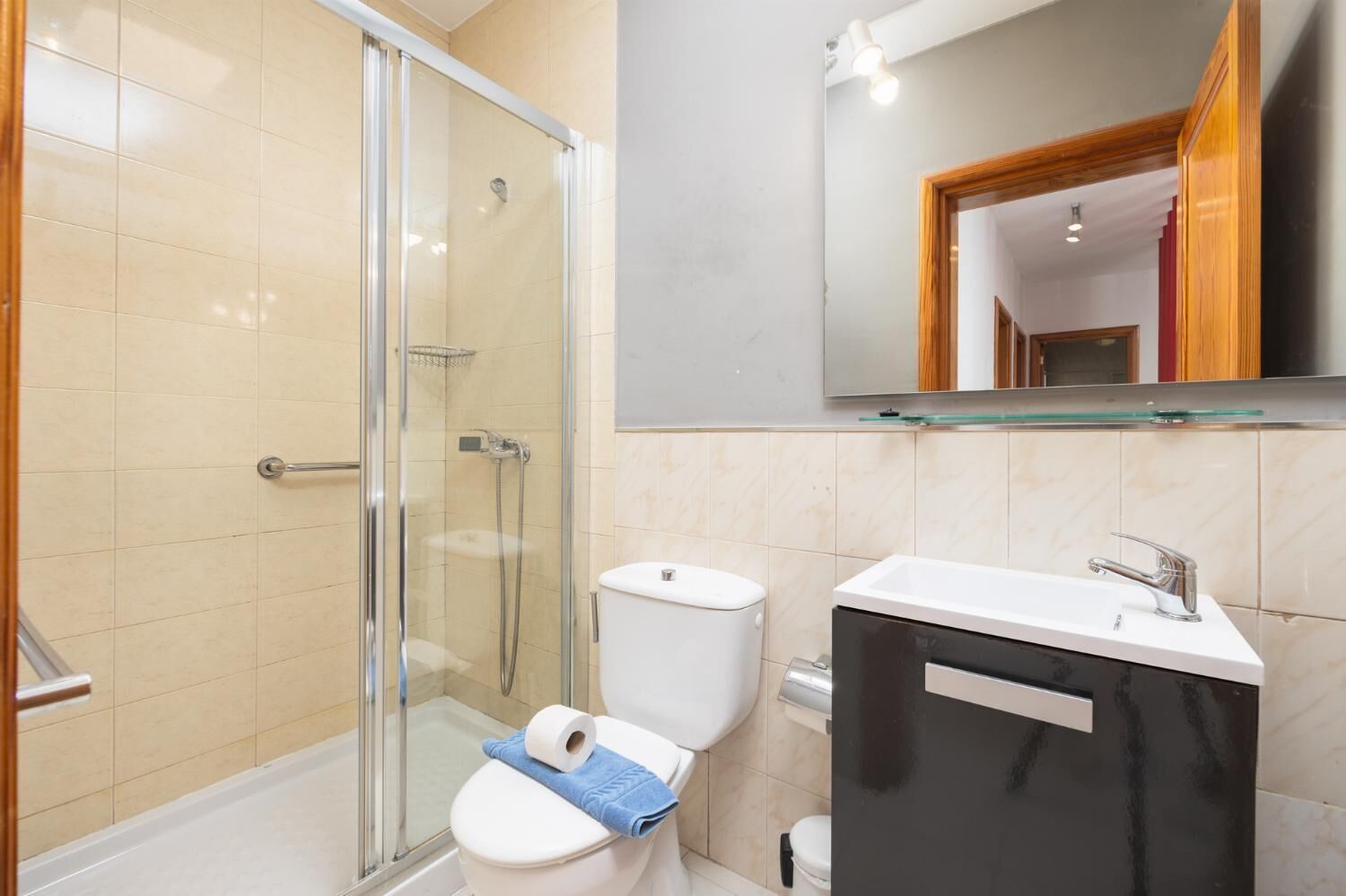 A modern bathroom with a glass shower enclosure, a toilet, and a sink with a mirror above.