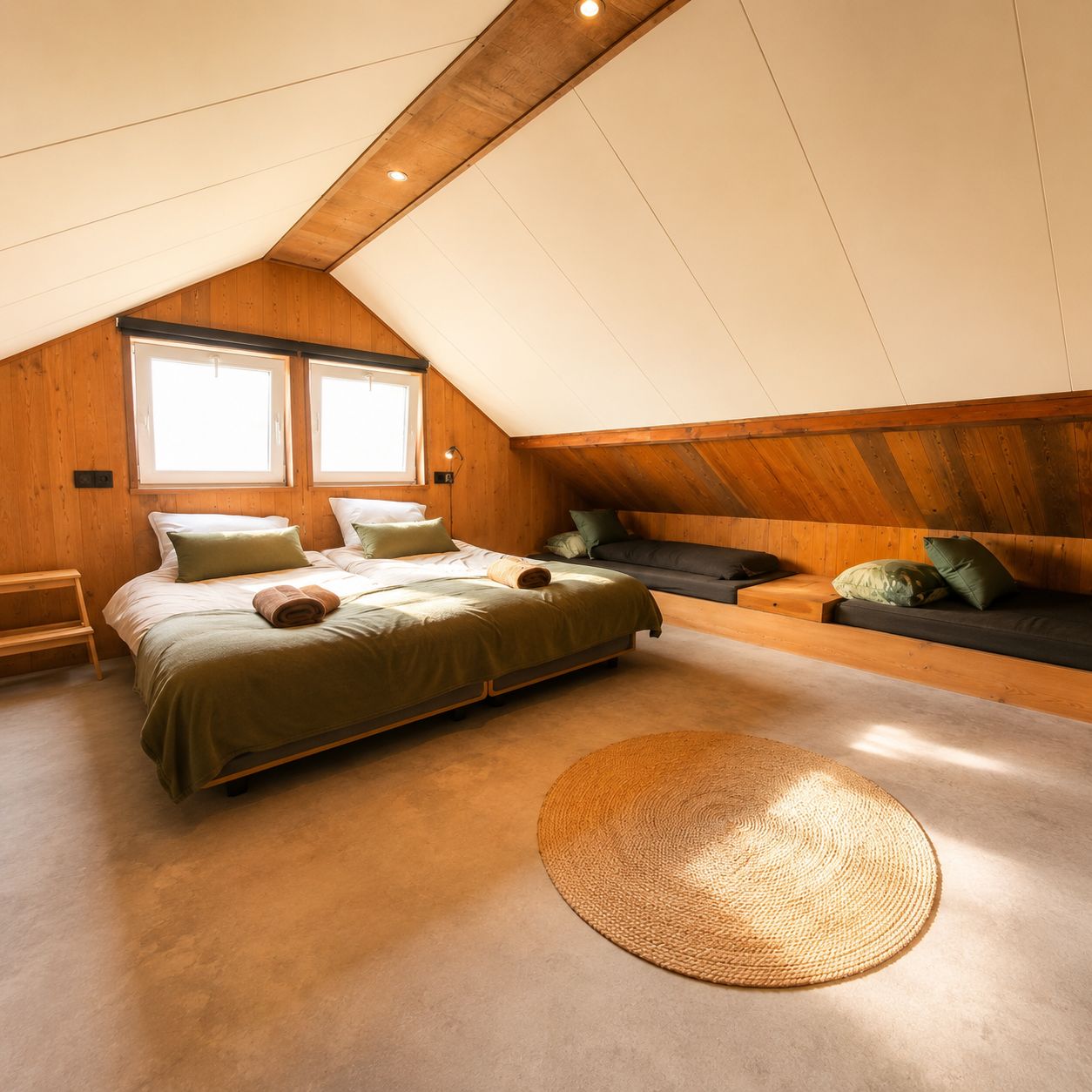 A cozy attic bedroom with a bed, a sofa, and a large woven rug.