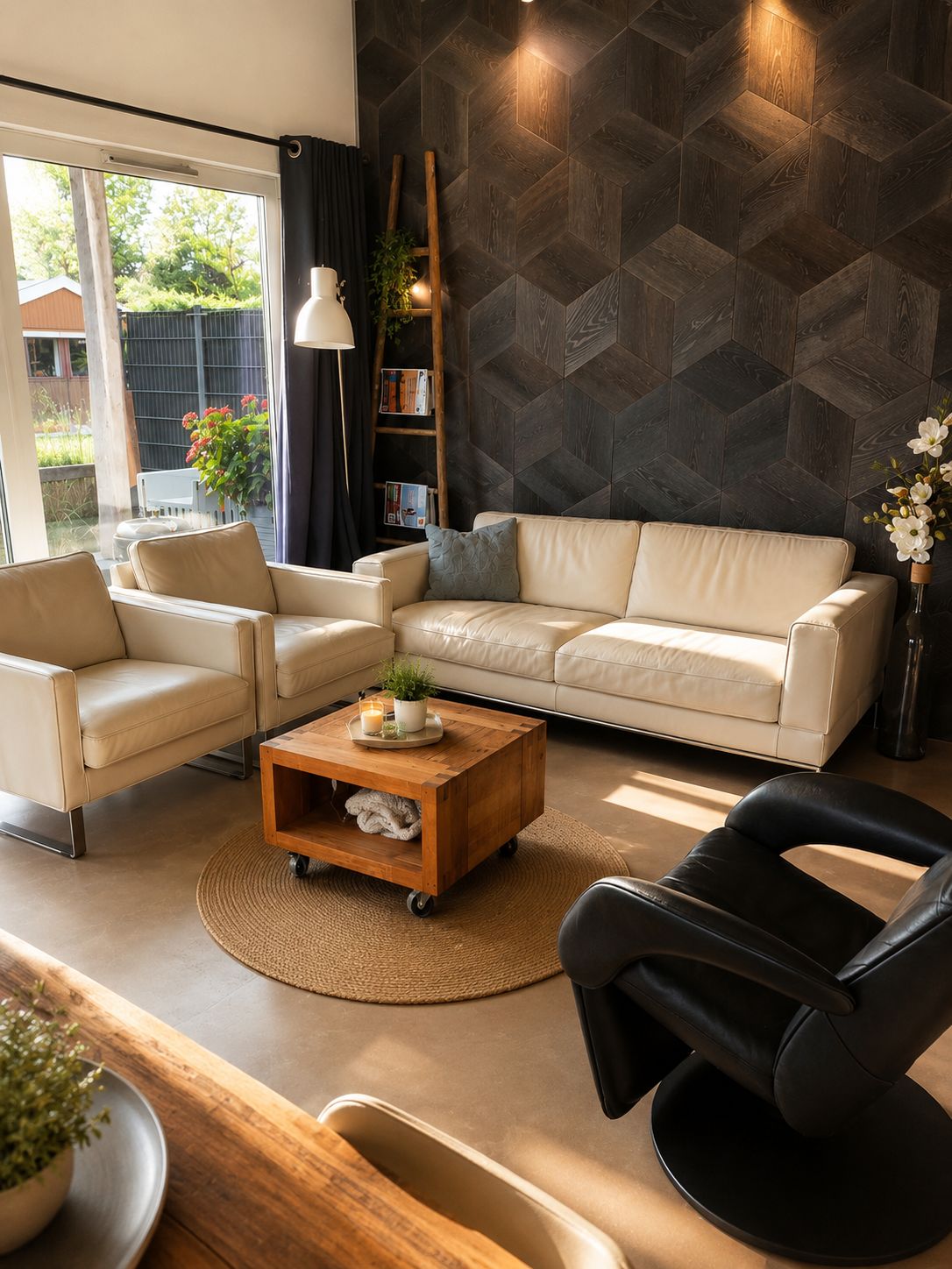 A modern living room with a sofa, armchairs, a coffee table, and a black chair.