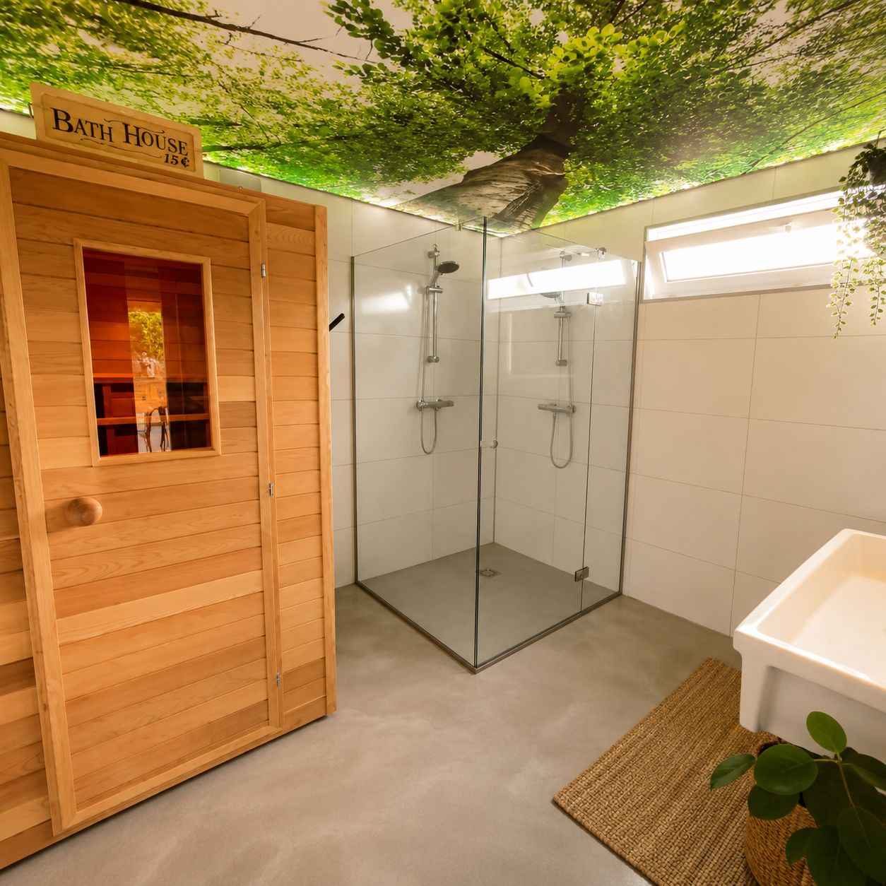 A bathroom with a wooden bath house, a glass-enclosed shower area, and a white sink.