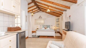 Una habitación compacta con kitchenette, una cama con mesita de noche, televisor y sofá.