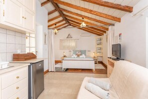 A compact room with a kitchenette, a bed with a nightstand, a television, and a sofa. - Millers Cottage Large Private Pool, A/C, WiFi (Paxi)