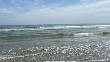 Une plage où les vagues viennent doucement lécher le rivage.