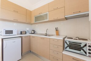 Fridge, oven, coffee/tea maker, toaster