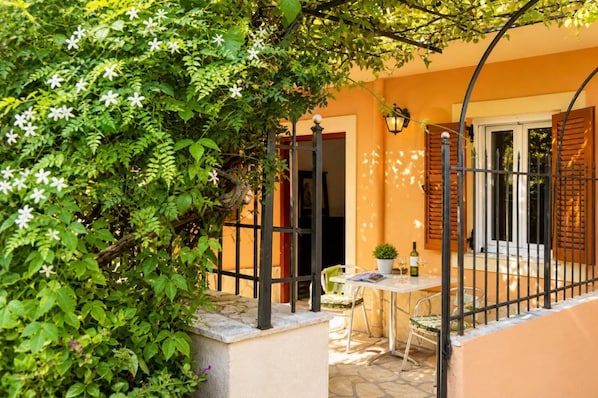 A patio with a table and chairs, a potted plant, and a door leading to the interior.