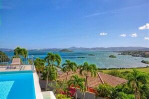A poolside view with a clear view of the sea, palm trees, and distant islands.