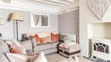 Smart TV, fireplace, books, offices