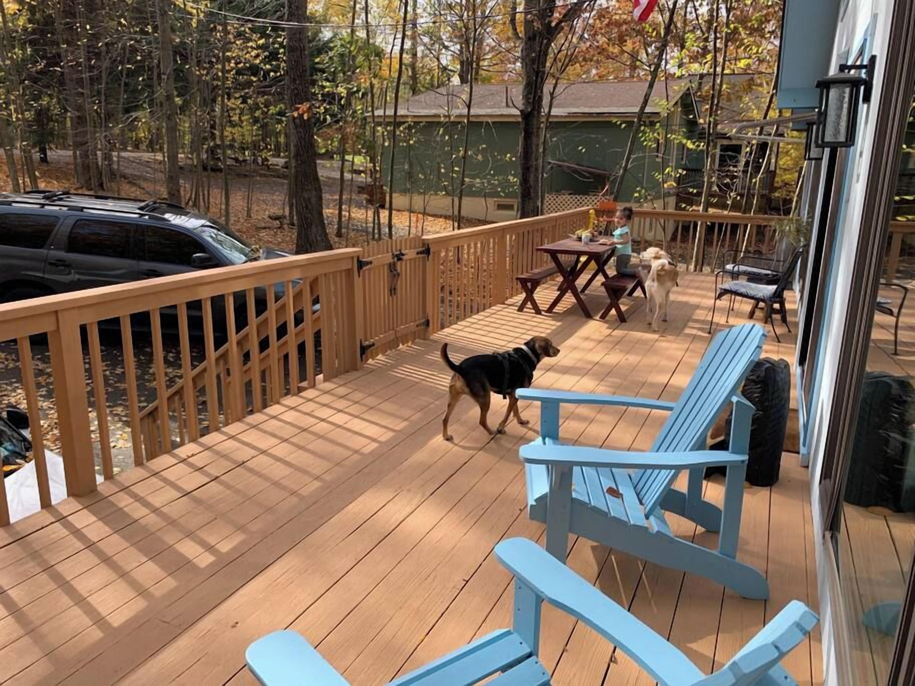 Eine Holzterrasse mit Tisch und Stühlen, umgeben von einem Holenzaun, und ein Hund, der darauf spaziert.