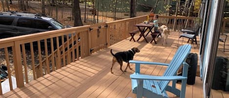 Eine Holzterrasse mit Tisch und Stühlen, umgeben von einem Holenzaun, und ein Hund, der darauf spaziert.