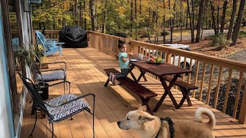A wooden deck with a picnic table, chairs, and a dog.