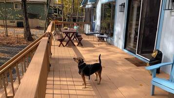 Una terraza de madera con una mesa y sillas, un perro, y un edificio con ventanas grandes y detalles azules.